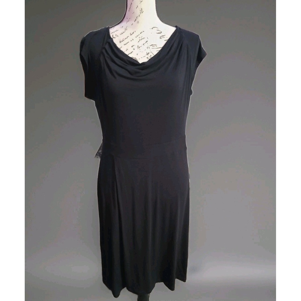 Cabi Black Dress Womens‎ Medium Short Sleeve Cowl Neck Knee Length Stretch